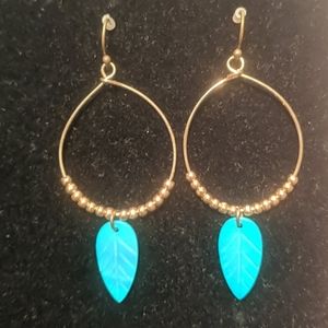 Turquoise Leaf Print Gold Tone Dangle earrings
